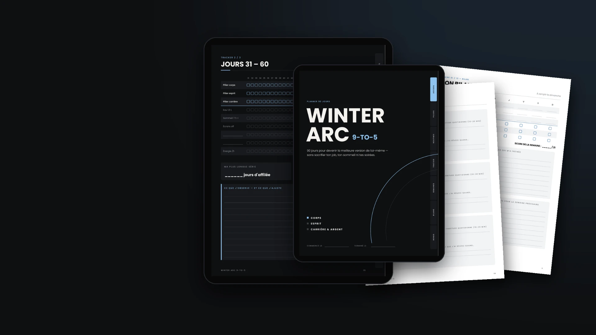 Le planner Winter Arc 9-to-5 sur tablette et en pages imprimées
